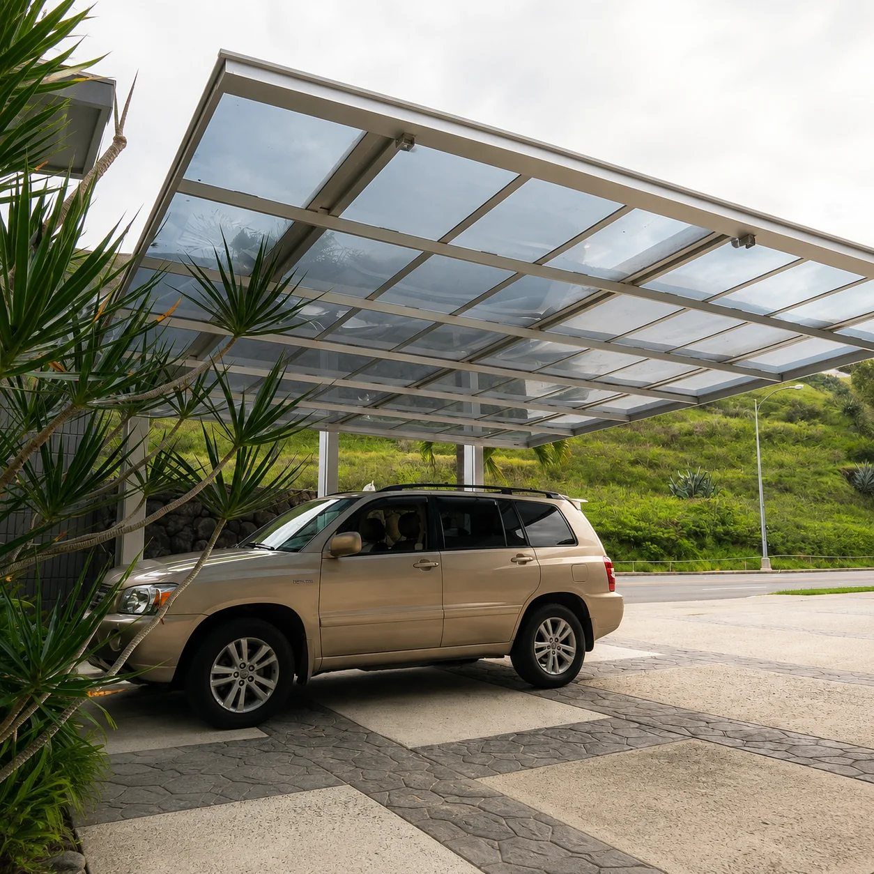 European Style Sloped Aluminium Carport Polycarbonate Roof Commercial Project Parking Canopy For Self-built House Villa