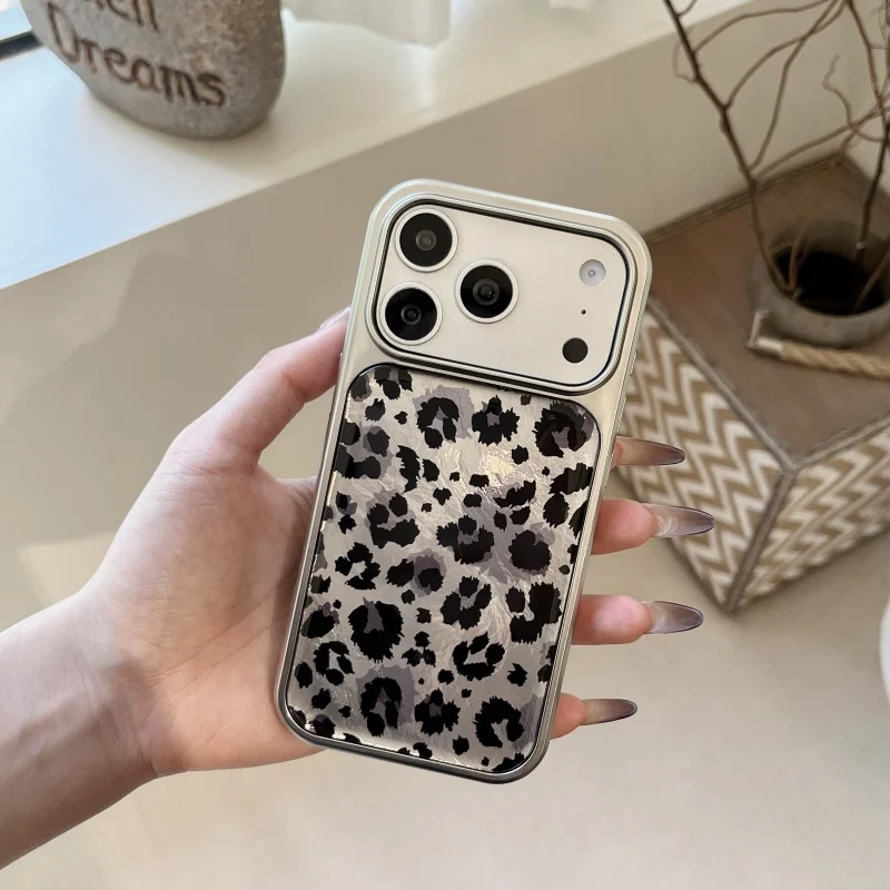 

Luxury brand gray leopard print pattern phone Case For iPhone 13 14 15 16 17 Pro Max Fashion plating leopard shockproof Cover