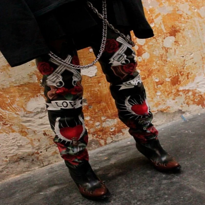 

Autumn Winter Cowgirl Boots Pointed Toe Chunky Heels Thigh High Boots Rose Print Western Cowboy Boots 2025 New Botas De Mujer