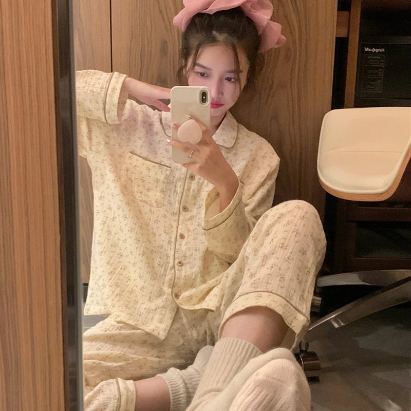 Women's Pajamas New Autumn Spring Long Sleeve Soft Sleepwear Set Striped cartoon pyjama Woman Home Nightwear Set Cardigan