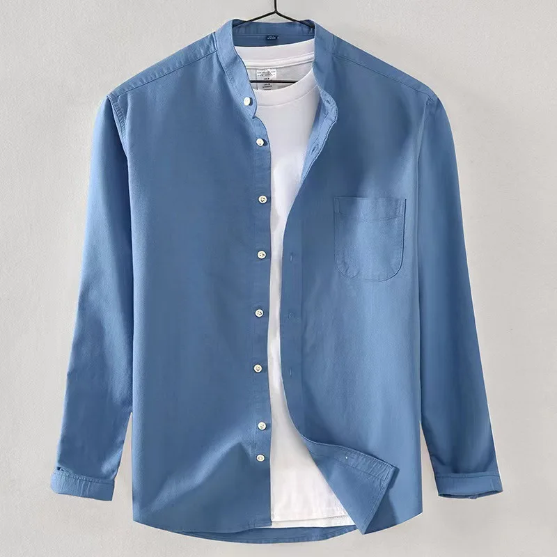 Men's Oxford Shirt, 100% Cotton Stand Collar, Business Casual Long Sleeve, Navy White Blue Gray​