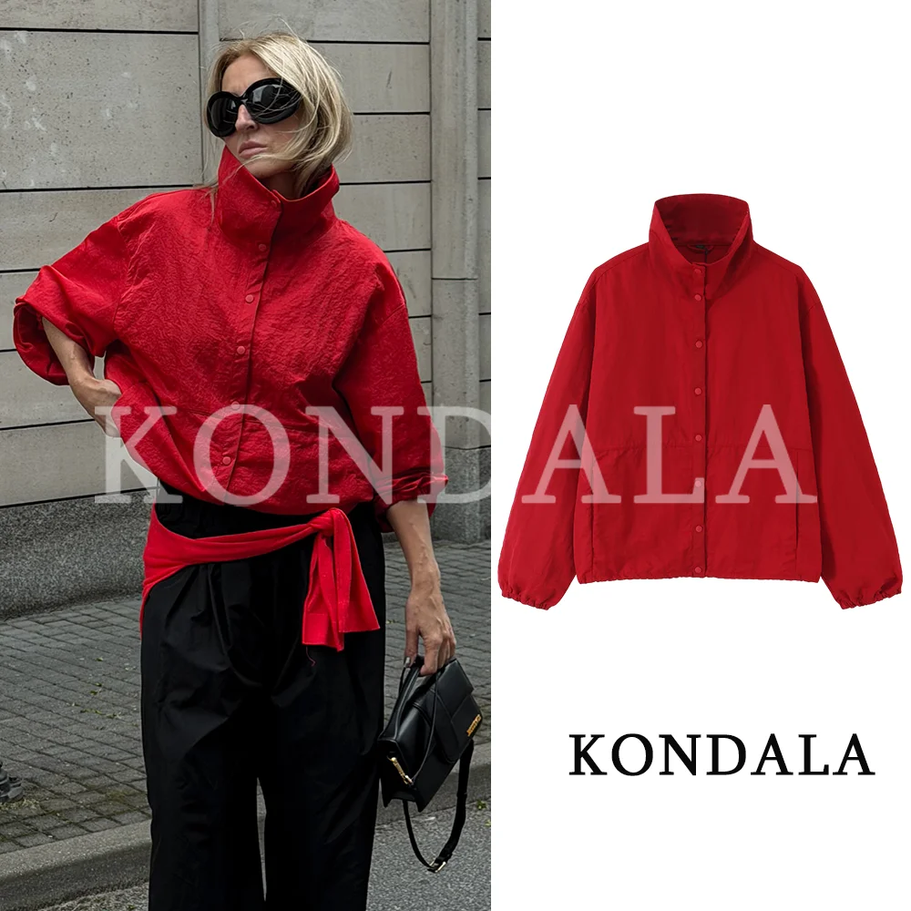 KONDALA Damen Schicke Rote Stehkragen-Jacke mit Knöpfen 2026 Frühherbst/Herbst Trendige High-Street-Jacke Elegante Pendlerjacke für Damen