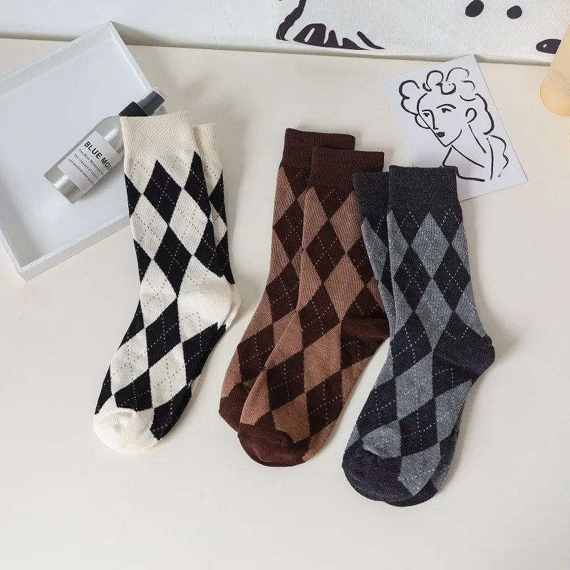 Women'S Stockings Argyle Socks Color Matching Mid-Calf Socks Leisure Versatile Stockings For Women Lattice High Elasticity