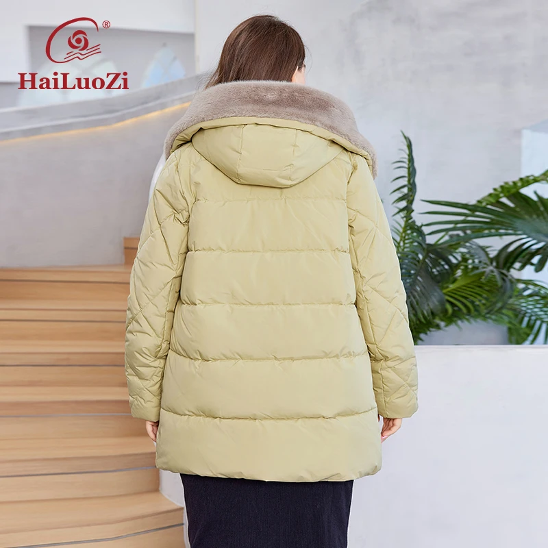 HaiLuoZi-Chaqueta de invierno con capucha para mujer, abrigo corto de talla grande con piel, diseño acolchado elegante, con bolsillos grandes, 2023