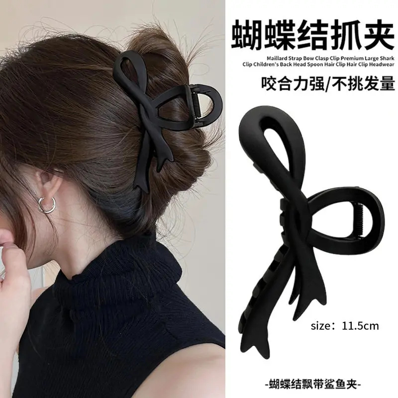 Chinese Style Auspicious Lucky Large Matte Bowknot Ribbon Hair Claw Clip 11.5cm Strong Grip For Women Black Dark Coffee Khaki