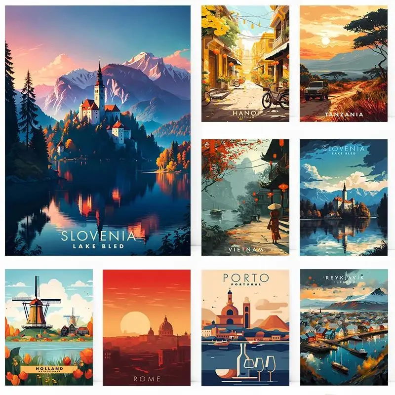 Travel Destinations Wall Art Greece Holland Rome Slovenia Tanzania Poster Print Canvas Painting for Living Room Bedroom  Home
