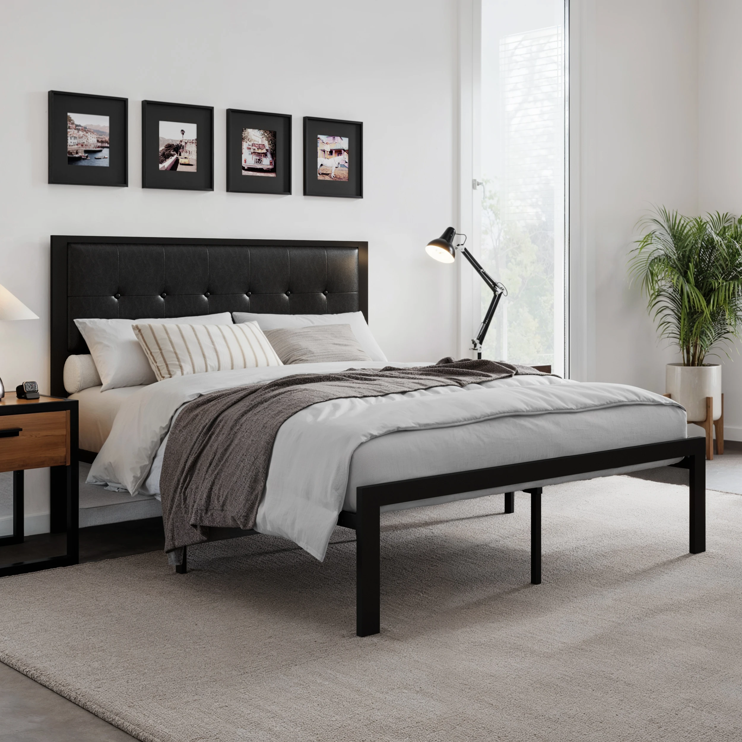 إطار سرير معدني من HOOMIC، لوح رأسي منجد بخياطة مربعة، زر كلاسيكي معنقدة، جلد صناعي، لا حاجة إلى صندوق زنبركي