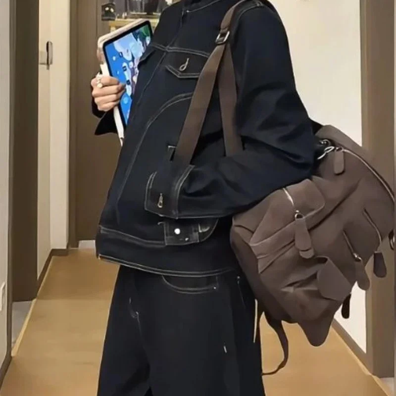 브라운 여행 배낭 학생 빈티지 리벳 그런지 배낭 streetwear y2k 미적 가방 여성용 패션 유행