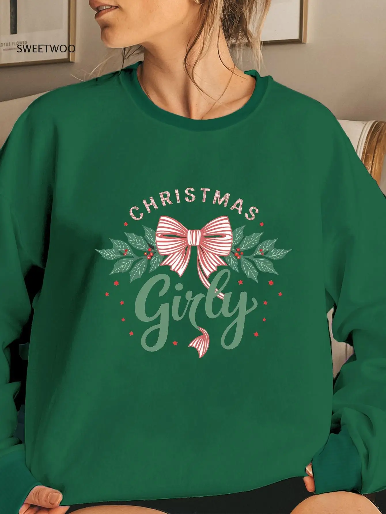

Women's Christmas Graphic Crew Neck Sweatshirt-Casual Knit Fabric Pullover with Geometric Pattern for Fall/winter