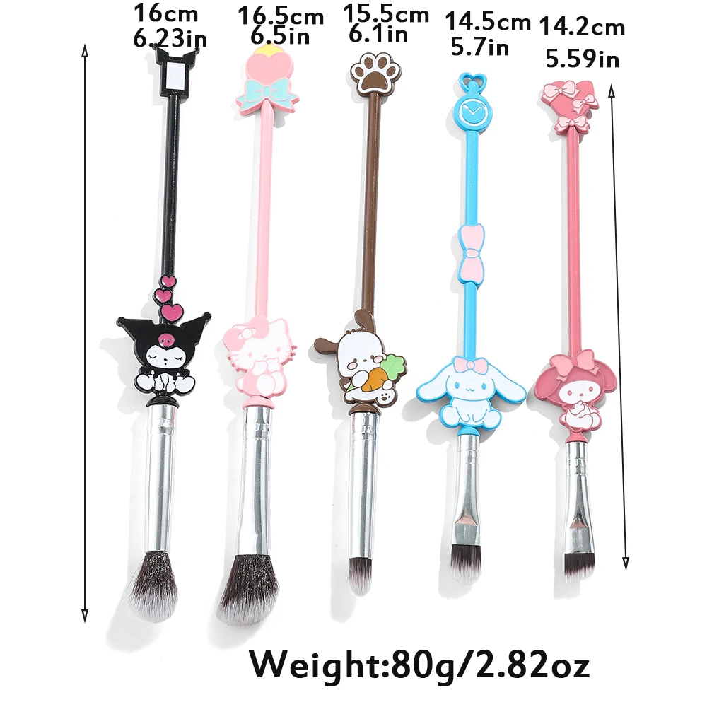 Sanrio Makeup Brush with Bag, Hello Kitty, Kuromi Melody, Cosmetics Blush, Eyebrow, Lip, Eyeshadow Brush, Beauty Tools, 5Pcs