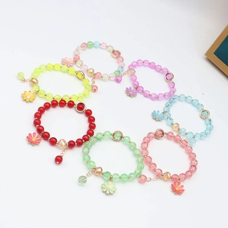 New Fashion Daisy Flowers Bracelet Colorful Crystal Beaded Bracelet Handmade Elastic Rope Women Jewelry Women Bracelet