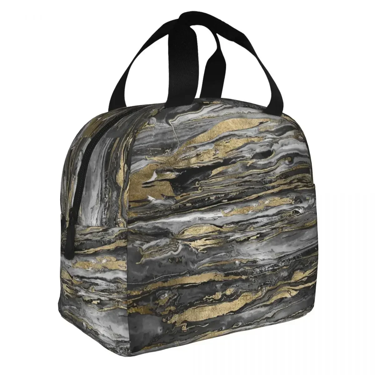 Stylish Gold Abstract Marbleized Paint Insulated Lunch Bag Thermal Bag Reusable Gold Marble Texture Portable Tote Lunch Box