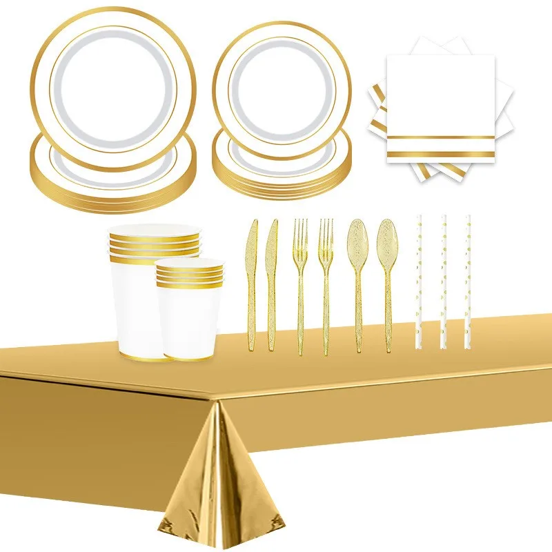 White and Gold Paper Plates & Pre Rolled Napkins with Paper Cutlery for Party & Wedding Birthday Decoration Disposable Tableware