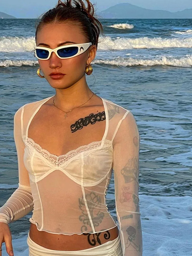 Fashion Y2K Lace Trim Mesh Crop Tops 90s Aesthetics Patchwork Square Neck Long Sleeve White Sexy Tees Summer T-shirts