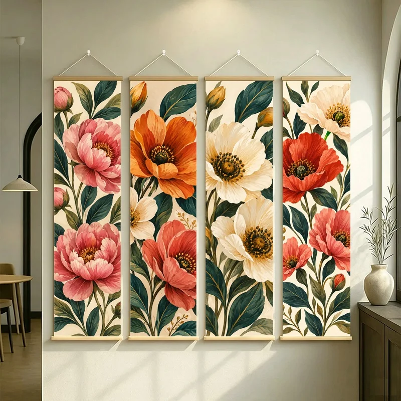 Wall Art Cream Anemone Flowers and Deep Green Leaves, Elegant Botanical Pearlescent Canvas Hanging Scroll for Wellness Room