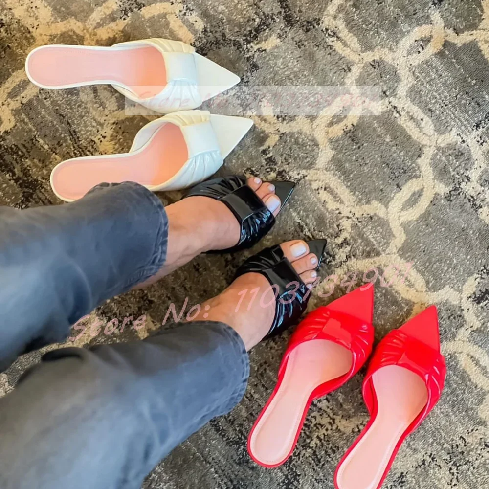 Pleated Peep Toe Mid Heel Mules Women Stylish Pointy Toe Shallow Casual Solid Slippers Female Sexy Classy Outdoor Stiletto Shoes