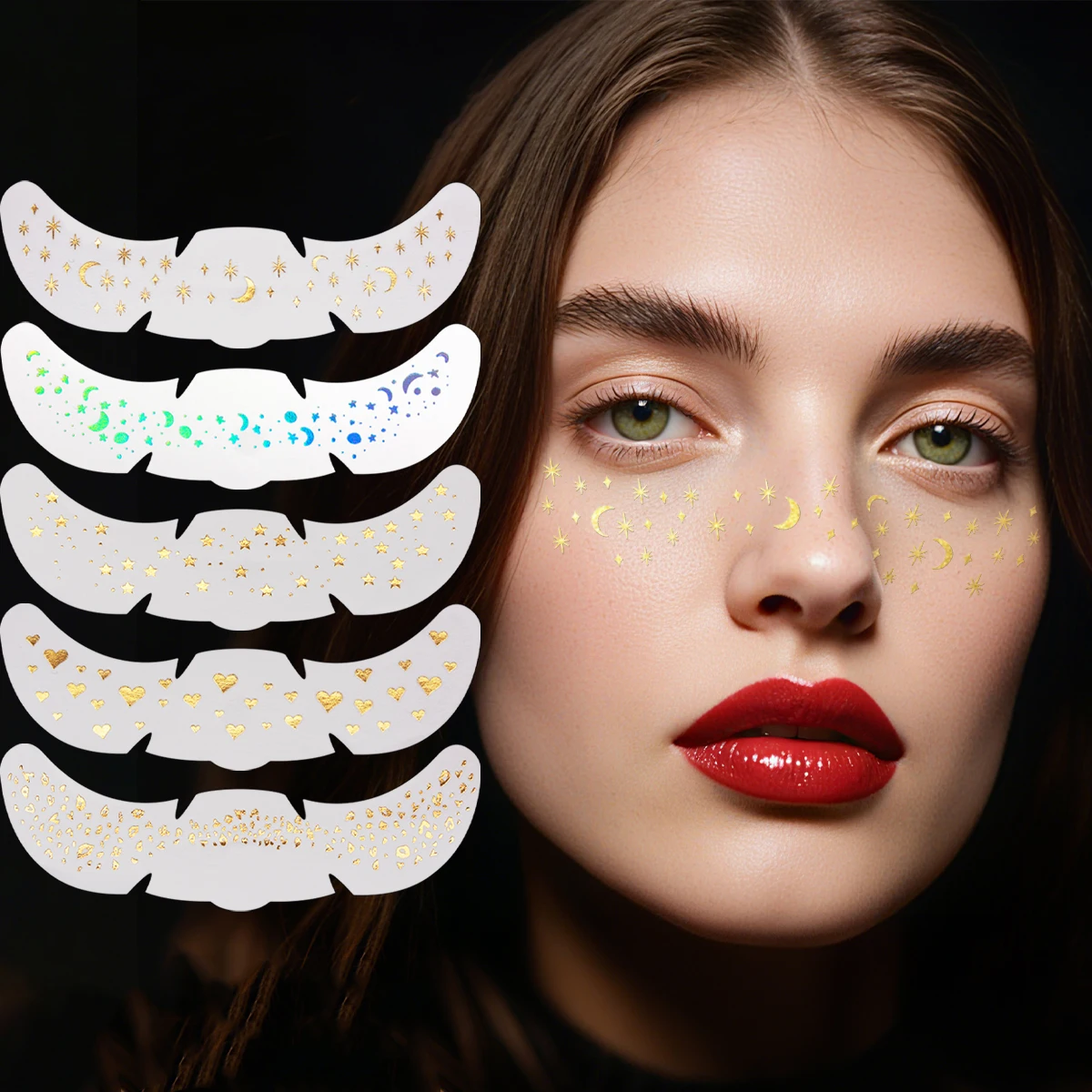 

5pcs Gold Freckles Makeup Patches Glitter Star Moon Heart Metallic Freckles Temporary Tattoo Sticker for Women Face Makeup Party