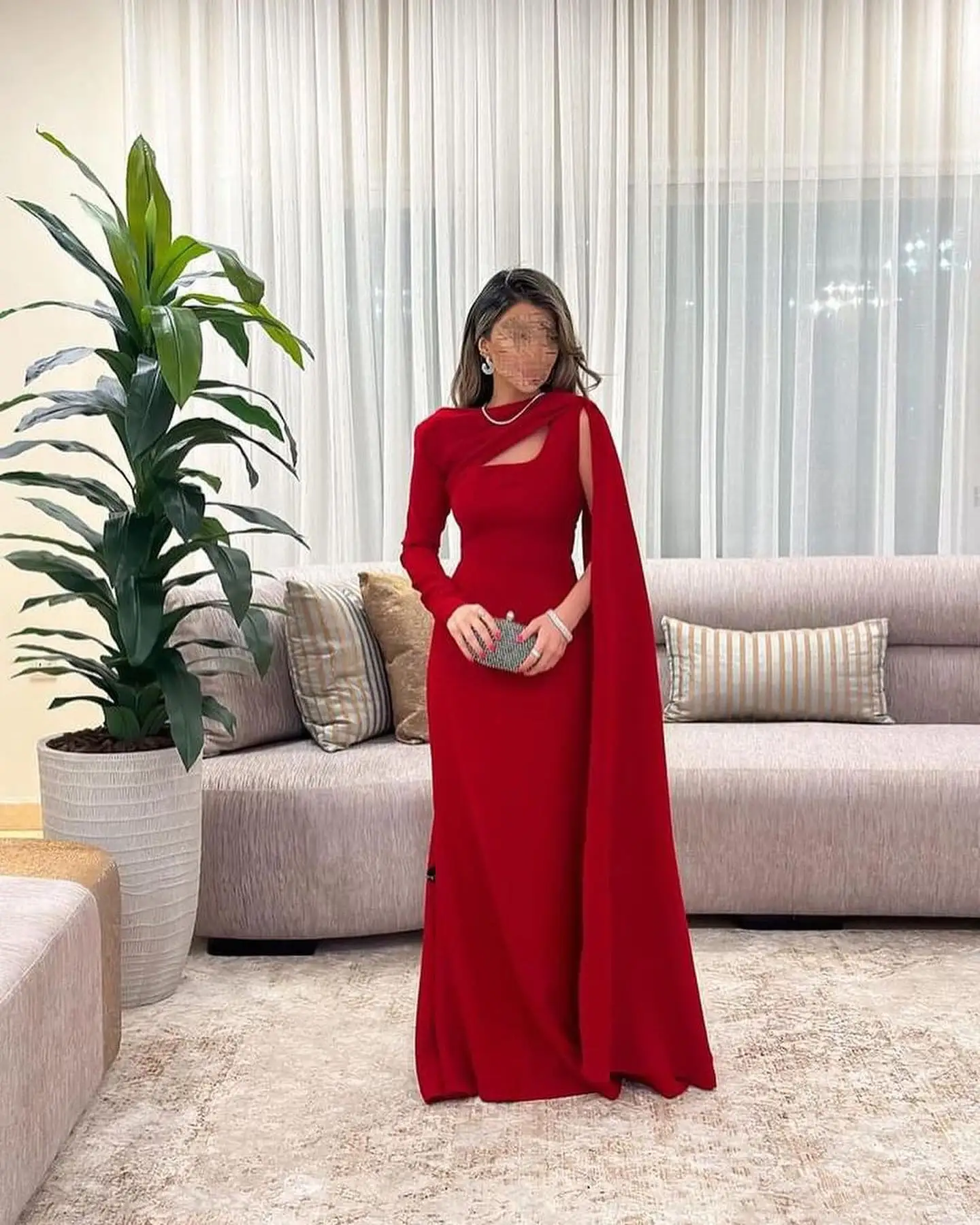 

Customized Mermaid Simple Red Jersey Evening Dress Formal Square Collar Long Sleeves Prom Dresses Modern Sweep Train P