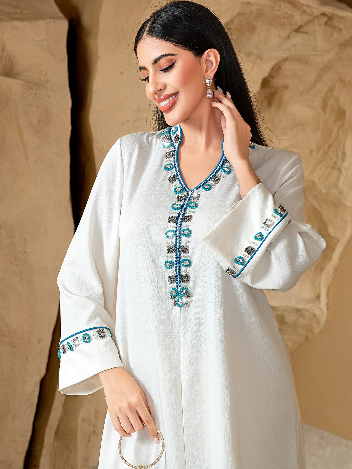 Eid 이슬람 여성 드레스 Abaya 파티 긴 소매 다이아몬드 Jalabiya 라마단 긴 드레스 Vestidos Largos Kaftan 아랍 긴 가운