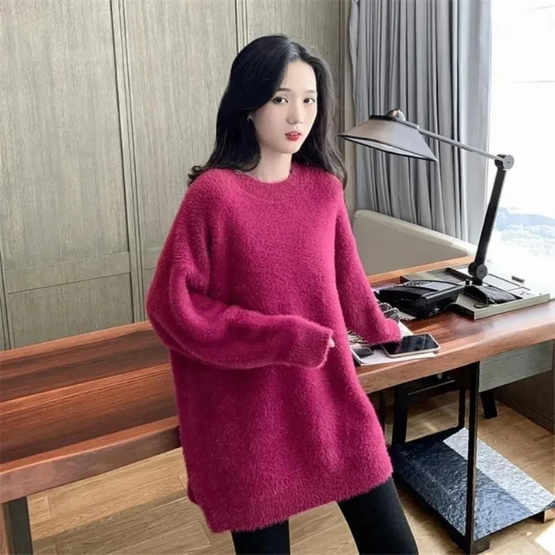 Nachahmung Nerz Pelz frauen Pullover Faul Stil Plus Größe Herbst und Winter Pullover Dicke Medium Chic Lange Rundhals Pullover