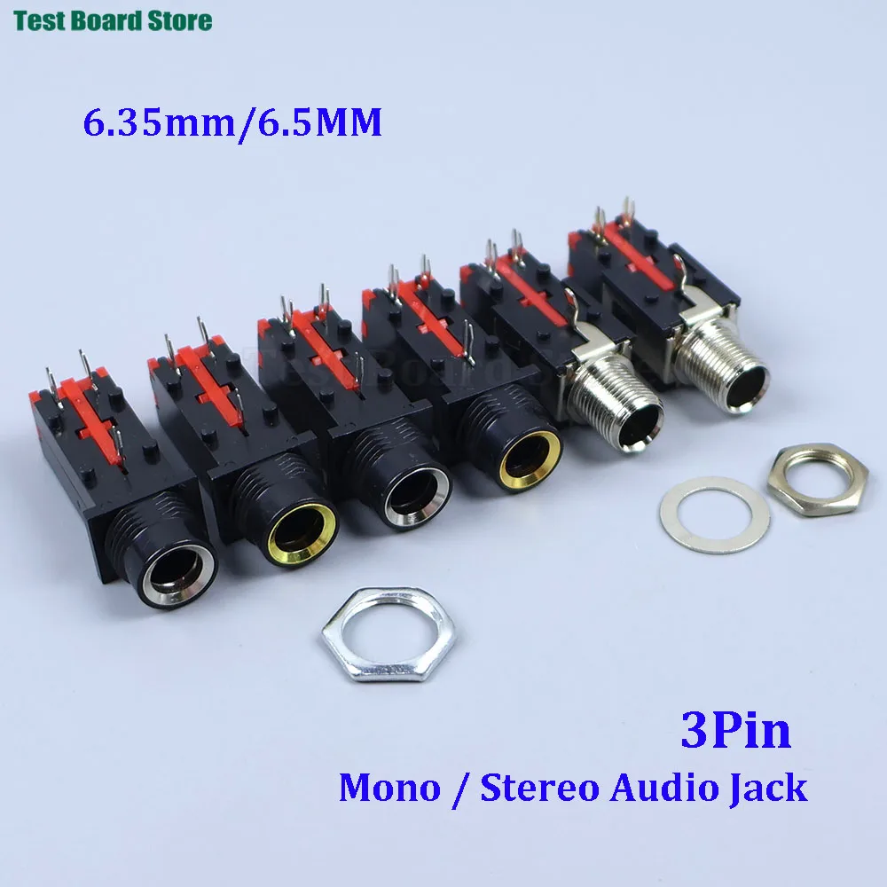 2PCS/lot 6.35mm 6.5MM Mono / Stereo Audio Jack 3Pin Mono Stereo Microphone Socket Thread Panel Mount Connector