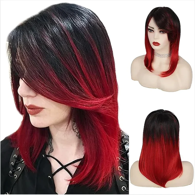 

HAIRJOY Synthetic Hair Women Ombre Black Red Wig Medium Long Straight Side Part Wigs