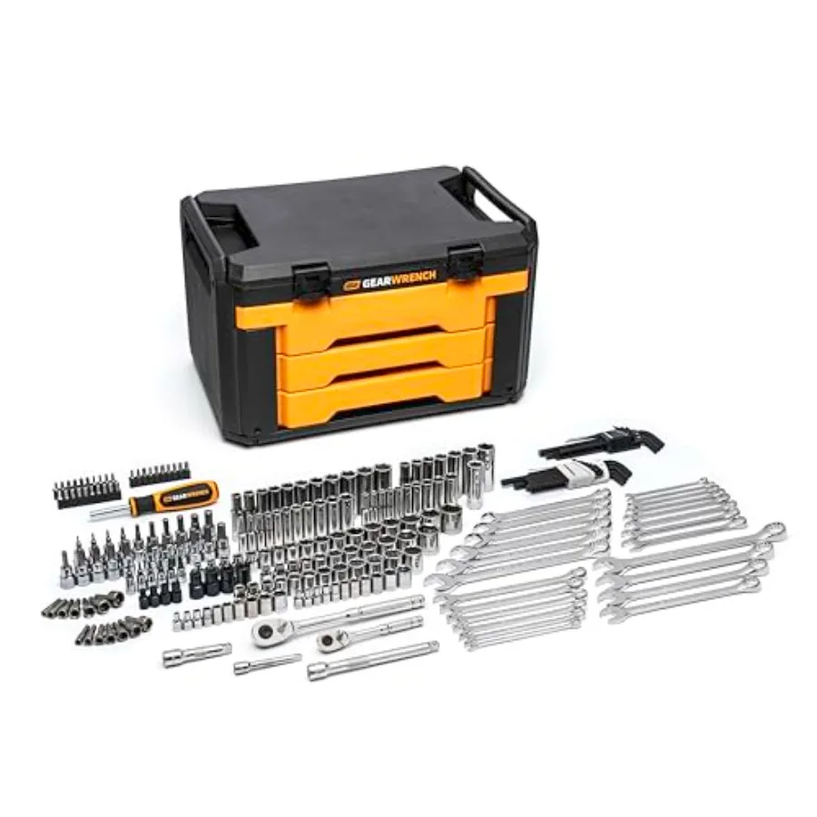 

Mechanics Tool Set in 3 Drawer Storage Box 232 Pc 1/4 in and 3/8 in Drive Metric/SAE GW72LLCBMTS