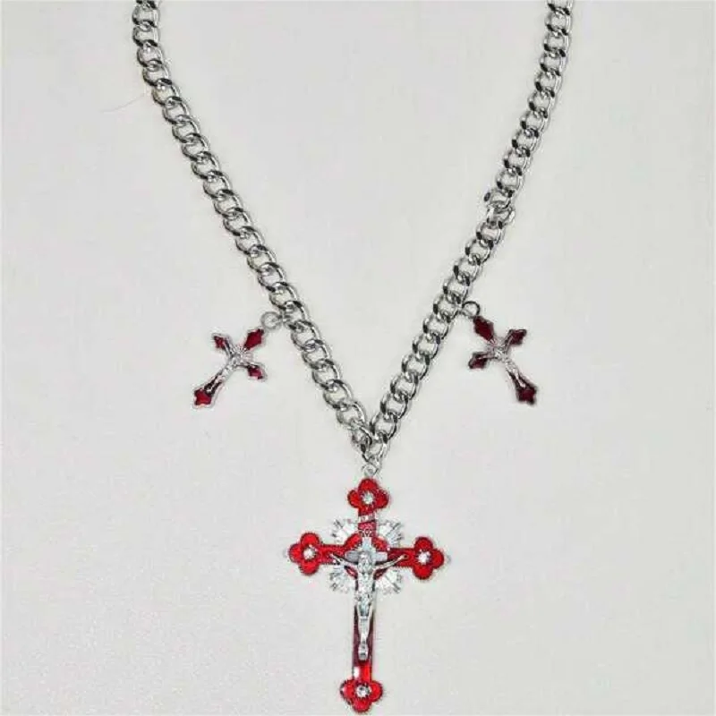 New Pink Cross Necklaces for Women Y2k Fashion Gothic Couple Jewelry Metal Chains Chokers Pendant Necklace Party Jewelry Gifts