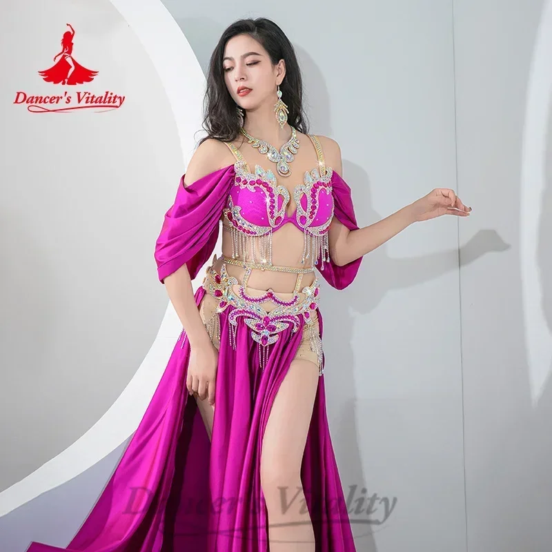 BellyDance Costumes Suit Women's Customized Diamond Tassels Bra+Satin Split Long Skirt 2pcs Oriental Dance Performance Costumes