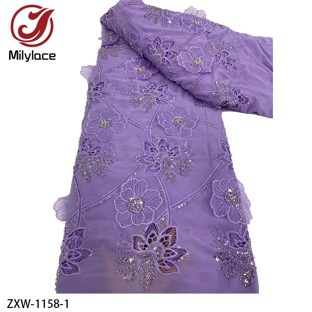 African 3D Flower Lace French Sequins Embroidery Beaded Lace Fabrics for Wedding  ZXW-1158