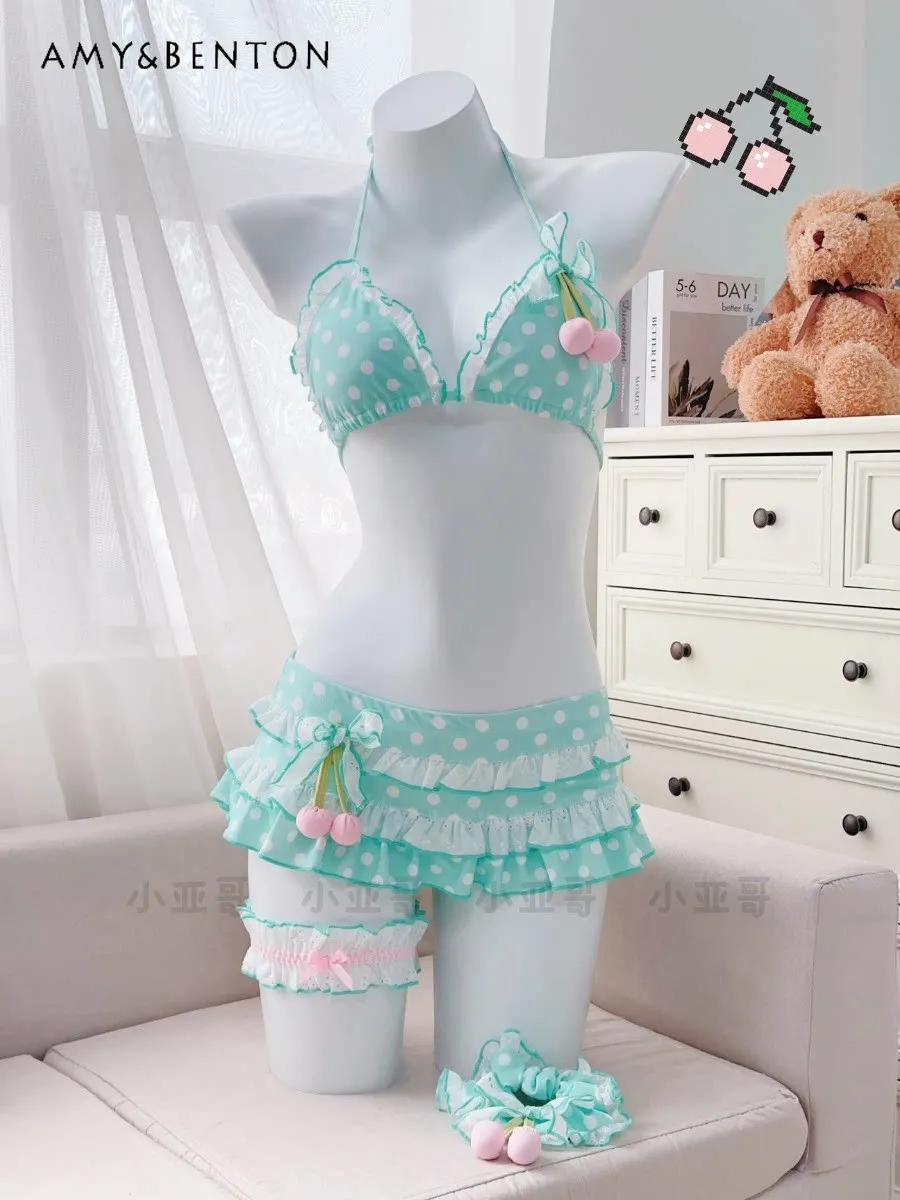 

Милый купальник-бикини с вишневым принтом в стиле каваи, женский раздельный купальник в горошек для пляжа и курорта, студенческий купальный костюм для женщин