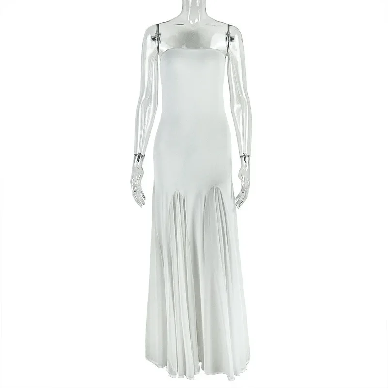 Frauen Elegante Sexy Sheer Mesh Patchwork Liebsten A-line Maxi Kleid Ärmelloses Backless Schlank Geburtstag Party Lange Robe Vestidos