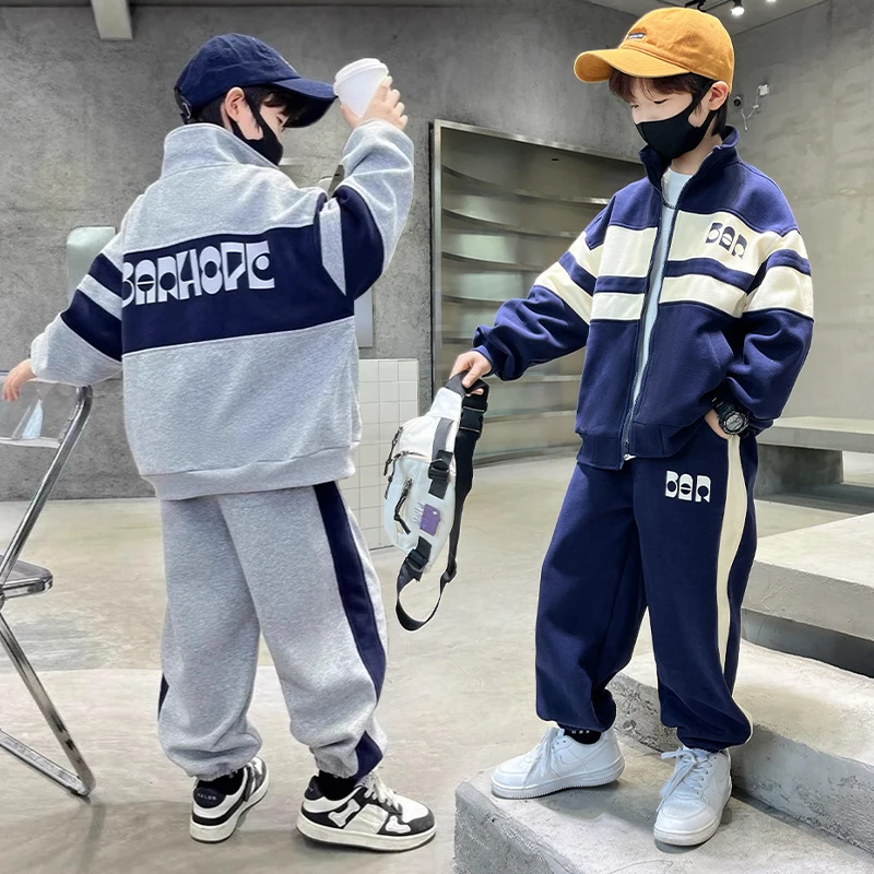 

New Boys Clothing Set Spring Autumn Patchwork Zipper Coat Pants 2Pcs For 5-14 Years Kids Tracksuits Teenager Casual Outfits