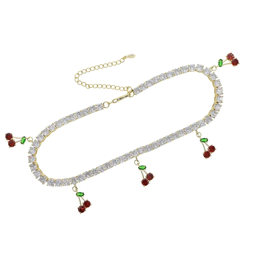 

Iced Out Sparking Bling 5A Cz Paved, милое очаровательное вишневое ожерелье, прозрачная теннисная цепочка Cz, женское ожерелье 32 + 10 см