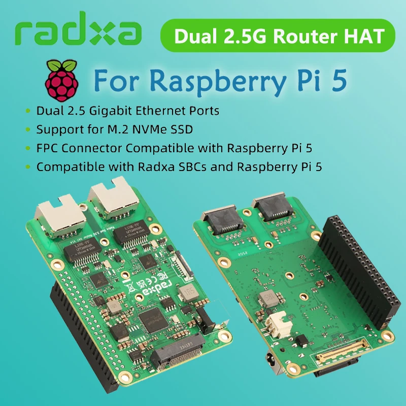 Шляпа Raspberry Pi 5, двойной маршрутизатор 2,5G, предназначенная для Radxa SBC и RPi 5, SSD Radxa NVMe, PCIe FPC, два Ethernet 2,5G, ASM2806