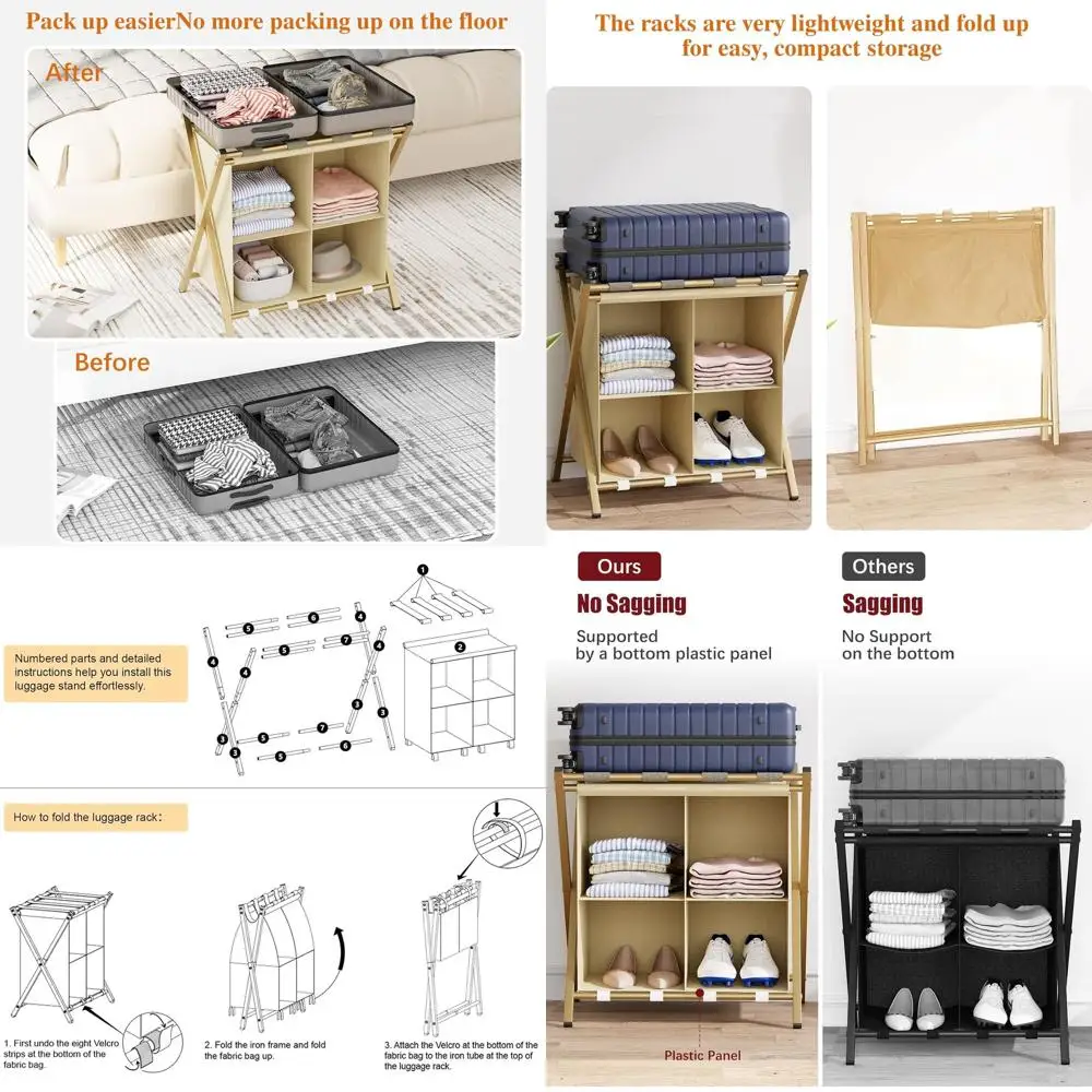 

Компактная золотая полка для чемоданов для гостей и гостиниц, вмещает 120 фунтов, с местом для хранения
