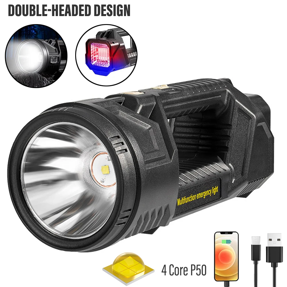 Powerful P50 Portable Spotlights Double-headed Searchlight Type-C Rechargeable LED Flashlight Power Bank Work Camping Lanterns