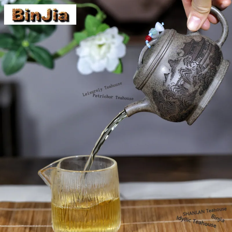 290ml Traditional Yixing Purple Clay Teapots Handmade Pavilion Pot Raw Ore Flowering Mud Kettle Zisha Tea Set Teaware Gifts