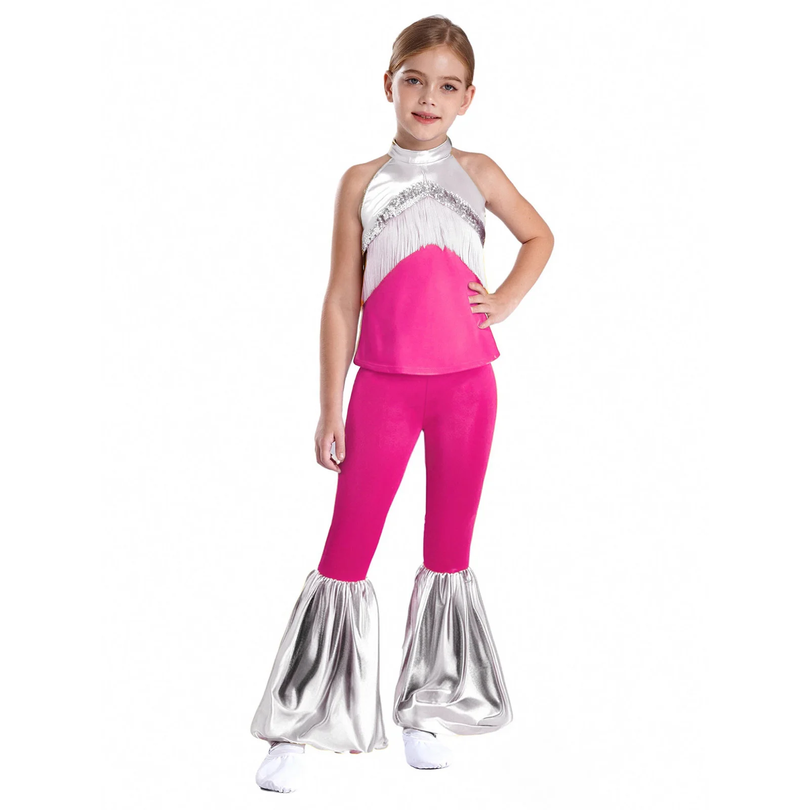 ชุดเต้นดิสโก้ยุค 70 สำหรับเด็กผู้หญิง เสื้อครอปท็อปประดับเลื่อมและพู่โลหะ + กางเกงขาบานทรงระฆัง ชุดเต้นแจ๊สสำหรับงานฮาโลวีนและงานคาร์นิวัล