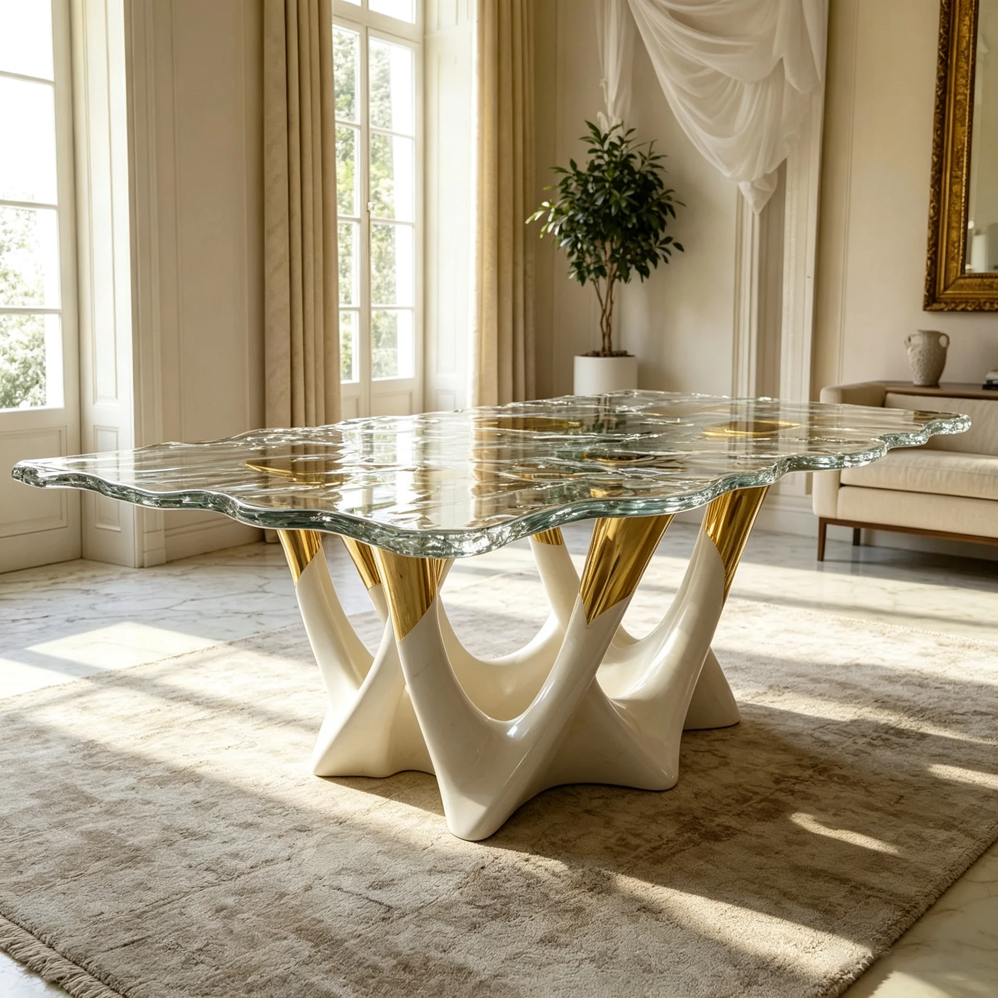 S*-Luxury Wavy Glass Dining Table, Artistic Sculptural Base with Gold Accent for Villa