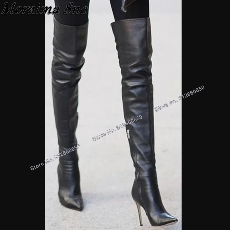 

Moraima Snc Black Over the Knee Side Zipper Boots Matte Leather Boots for Women Stilettos High Heels Runway Zapatillas Mujer