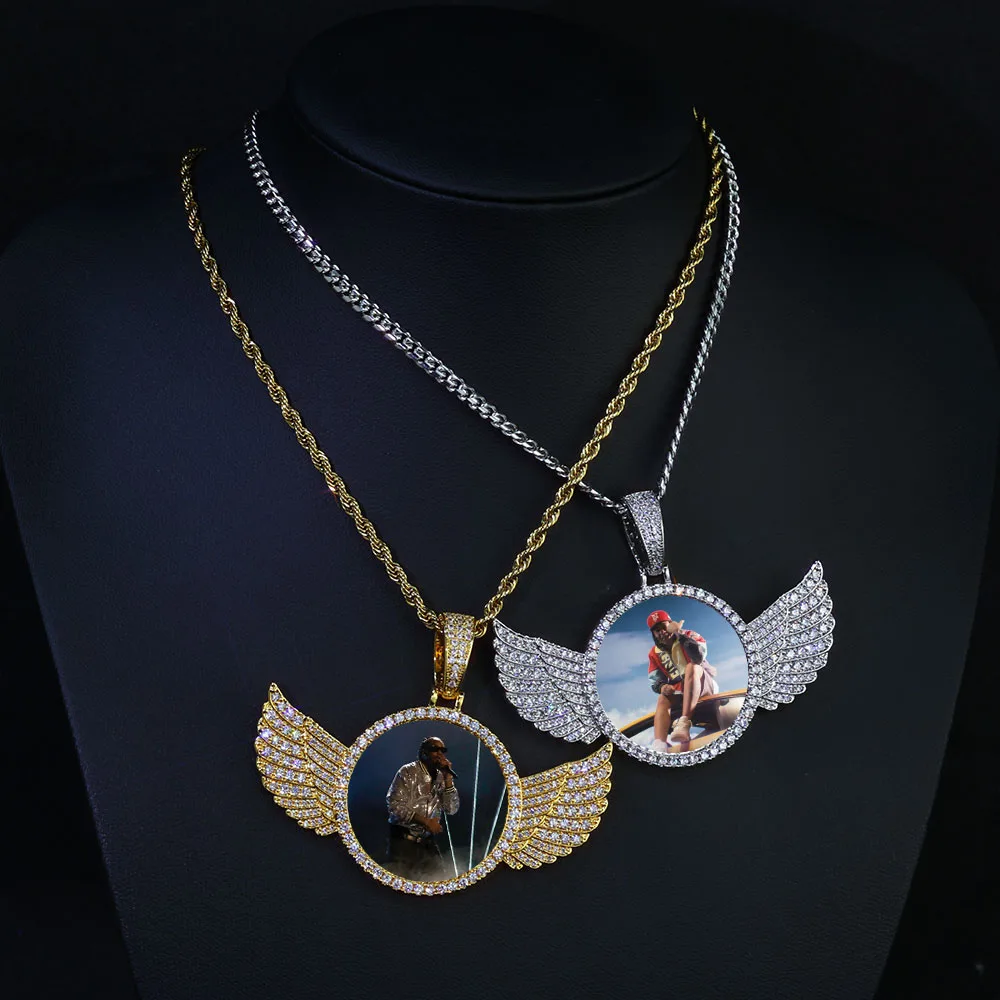 Hip Hop Jewelry 68mm Wing Circle Photo Pendant Bling Iced CZ Paved 18k Gold Plated Personalied Picture Pendant Necklace Custom