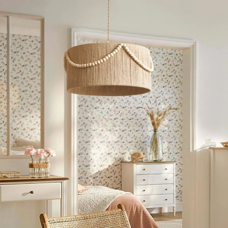 Boho Pendant Lamps Wabi Sabi Retro Wood Bead Fringe Lampshade Creative Bedroom Indoor Dining Room
