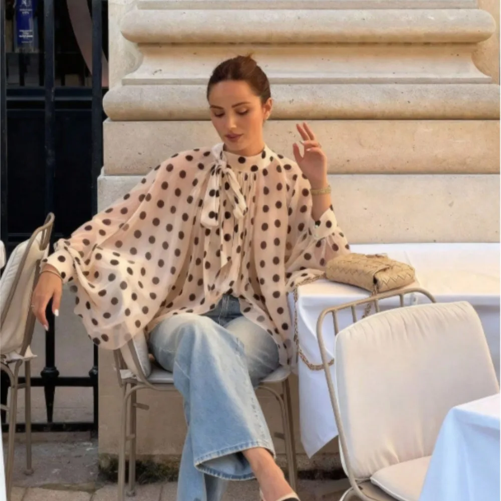 

Elegant Retro Shirt Women's Summer Loose Casual Polka Dot Hollow Translucent Lace-Up Lantern Sleeve Daily Commuting Style Top