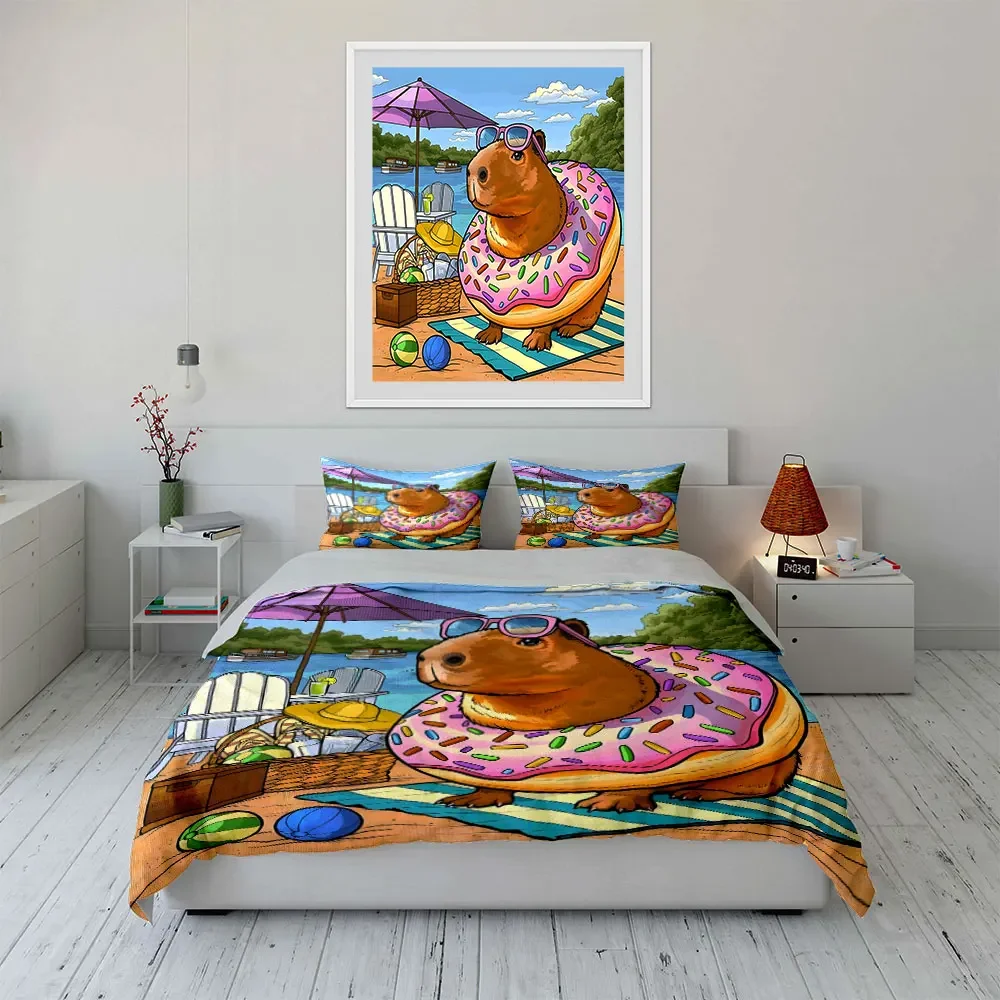 

3Pcs Kawaii Capybara Bedding Set, Cartoon Capybara at Beach with Sunglasses Print Duvet Cover, Kids Room Decor