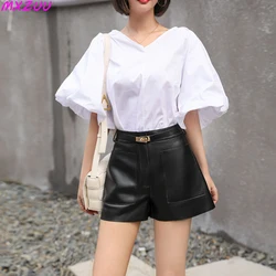 Leather Shorts Women's Hot Pants Casual Pantalon Corto Mujer Real Sheepskin Big Pockets Metal Buckle Belt Khaki/Orange Trousers