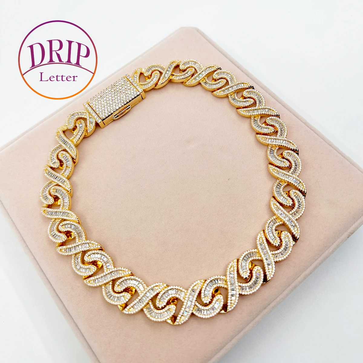 Drip Letter 20MM Baguette Choker Necklace for Women 8 Cuban Link Chain Micro Pave Cubic Zirconia Hip Hop Jewelry