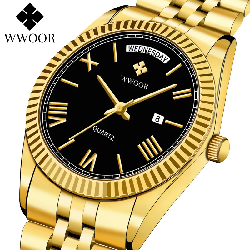 WWOOR New Gold Watches Mens Luxury Stainless Steel With Calendar Warterproof Male Clock Week Quartz Wristwatch Relogio Masculino