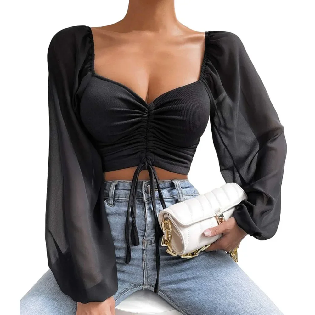 Hot Hot Tee Shirts Long Sleeve New Omen Tops Puff Sleeve Sexy Close-Fitting Tops Women Tops Polyester Rose Red