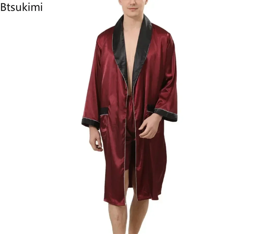 2025 Men's Summer Casual Silk Robe Sets Sleepwear Robe&Shorts Two Pieces Man Satin Comfortable Kimono Gown Housewear Bathrobe